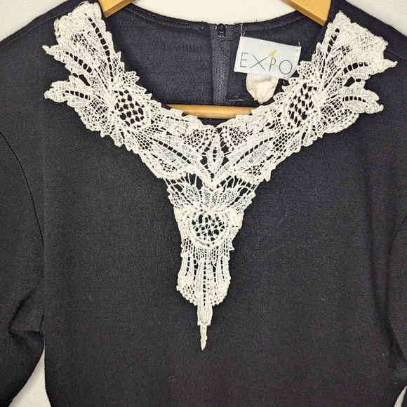 Vintage Expo Lace Trim Neckline Black Wool Blend Midi Dress Size 4 - Picture 5 of 10